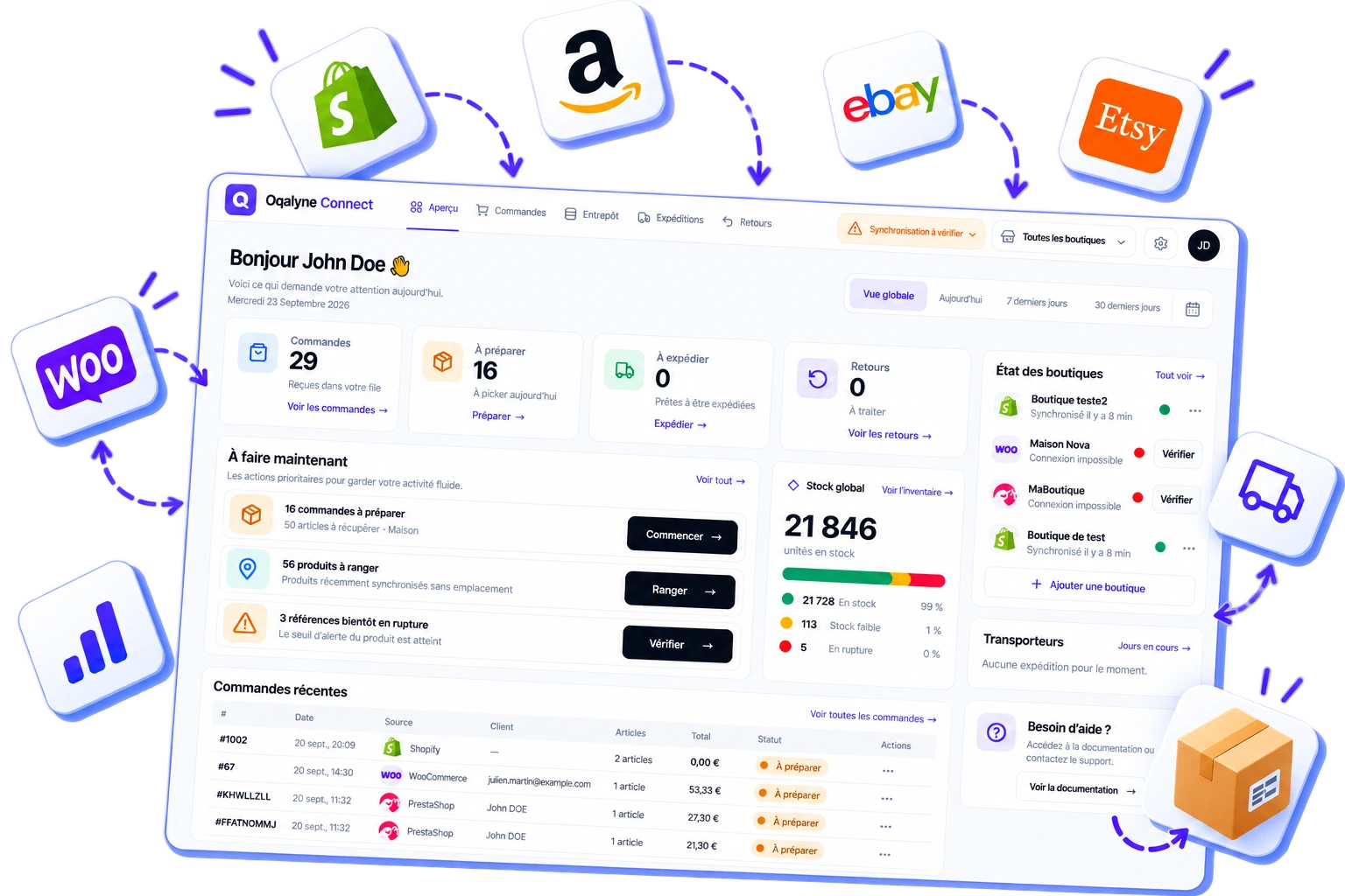 Aperçu Oqalyne Connect : ventes de plusieurs canaux, commandes et stock au même endroit
